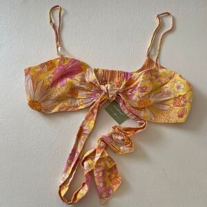 H&M Floral Linen Blend Tie Front Crop Top M Retro Y2K Daisy Print Summer Blouse